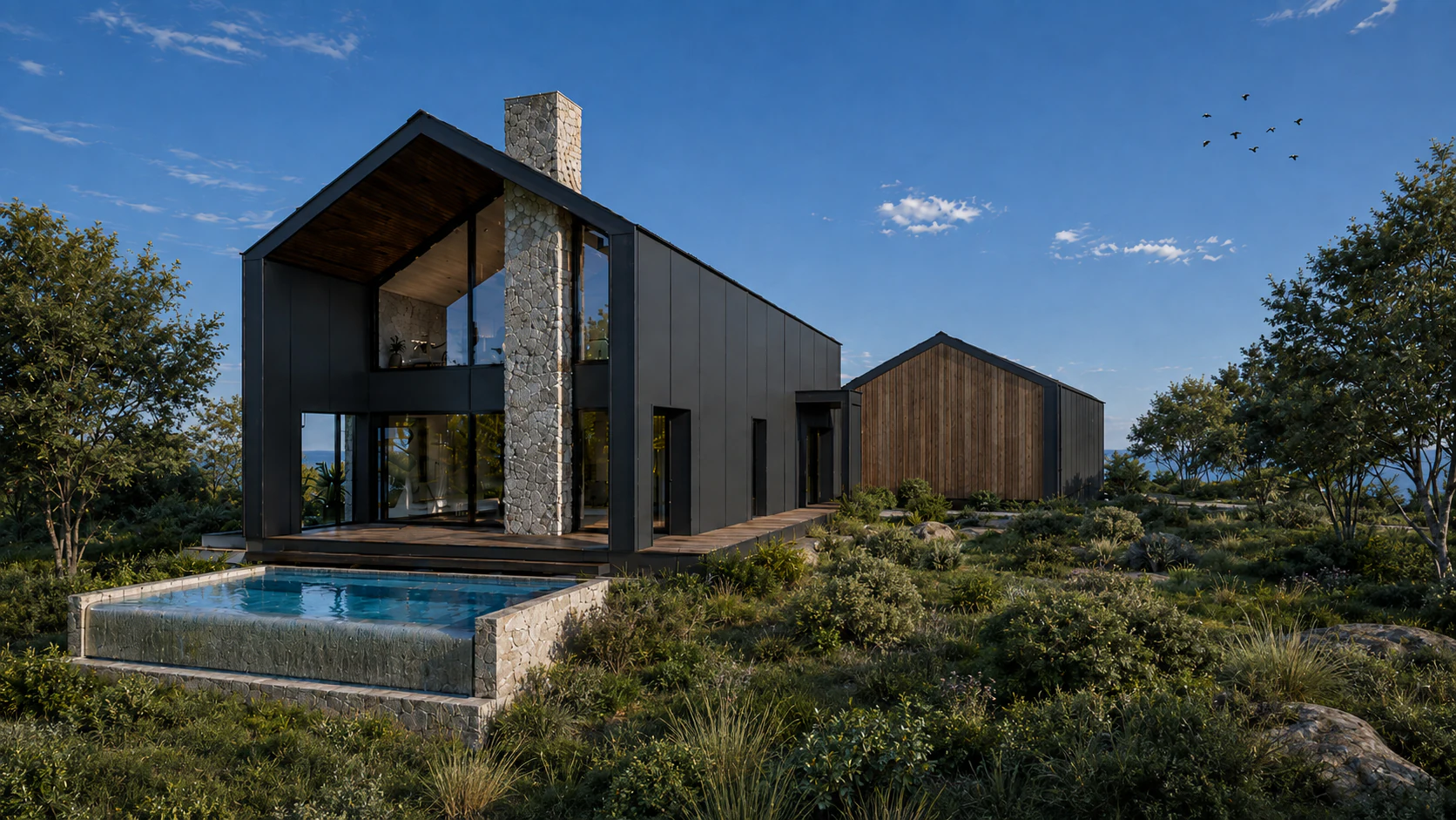 Daylight pool-side view of Ambar House and its stone chimney