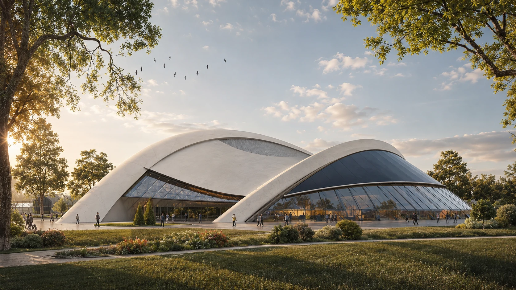 Exterior view of the sculptural twin-vaulted main arena